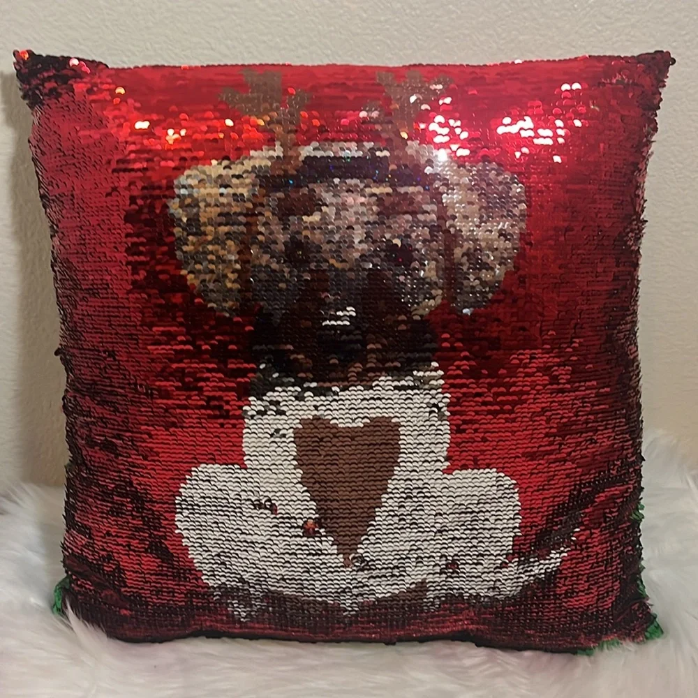 St. Nicholas Square Dog Green Red Flip Sequin Holiday Pillow